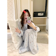 实拍  韩系小清新甜美条纹樱桃纯棉蕾丝花边家居服睡衣睡裙