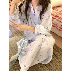 批发实拍 韩系慵懒条纹小樱桃<b class='q'>纯棉</b>舒适花边长袖家居服睡衣<b class='q'>睡裙</b>