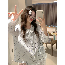 实拍 简约蓝色小波点甜美娃娃领家居服睡衣套装