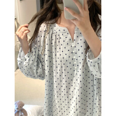 实拍  韩系简约蓝色小波点秋冬甜美舒适家居服睡衣睡裙