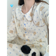 实拍  韩系可爱卡通小熊纱布翻领家居服睡衣套装