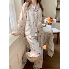 批发实拍   韩系卡通童趣可爱纱布翻领家居服<b class='q'>睡衣</b>套装