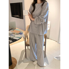 实拍 韩系简约粉灰色条纹圆领舒适家居服睡衣套装