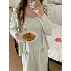 批发实拍  韩系简约亲肤条纹舒适带胸垫家居服<b class='q'>三件套</b><b class='q'>睡衣</b>套装