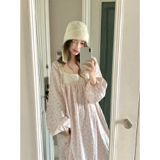 批发实拍 法式浪漫蕾丝方领碎花棉纱家居服睡衣睡裙