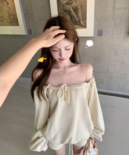 정가 실사 느긋한 루즈핏 비스듬한 어깨 후드티 긴팔 맨위 펌프 로프 반바지 세트