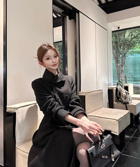 정가 실사 한국 스타일 폴로 칼라 이중 버튼 샤오시엔 디자인 센스 모직 코트 롱 코트