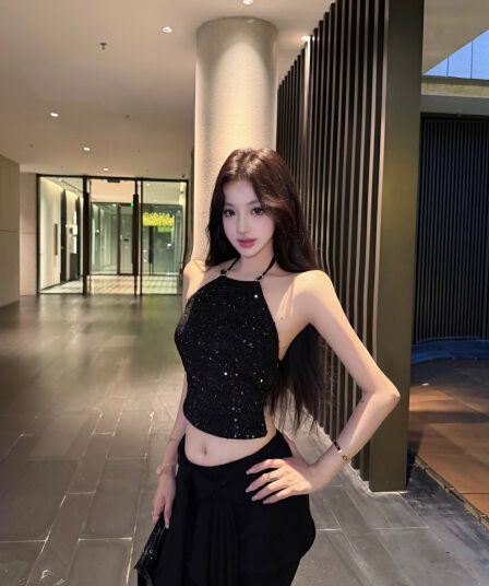 정가 실사 캐미솔 여름 스팽글 샤오시엔 백리스 행침 목 맨위 방귀 커튼 하이웨이스트 긴 바지