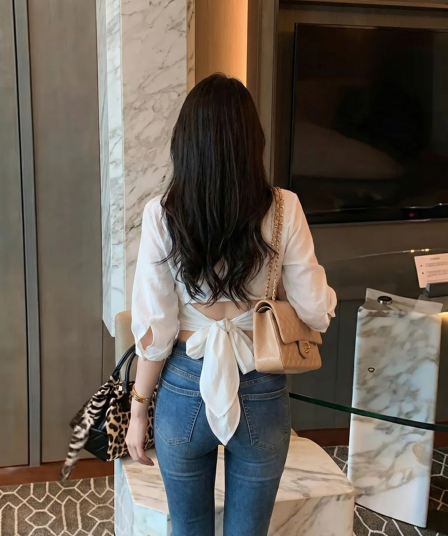 정가 실사 느긋한 부서 매듭 아마 나비 레이스업 셔츠 백리스 맨위