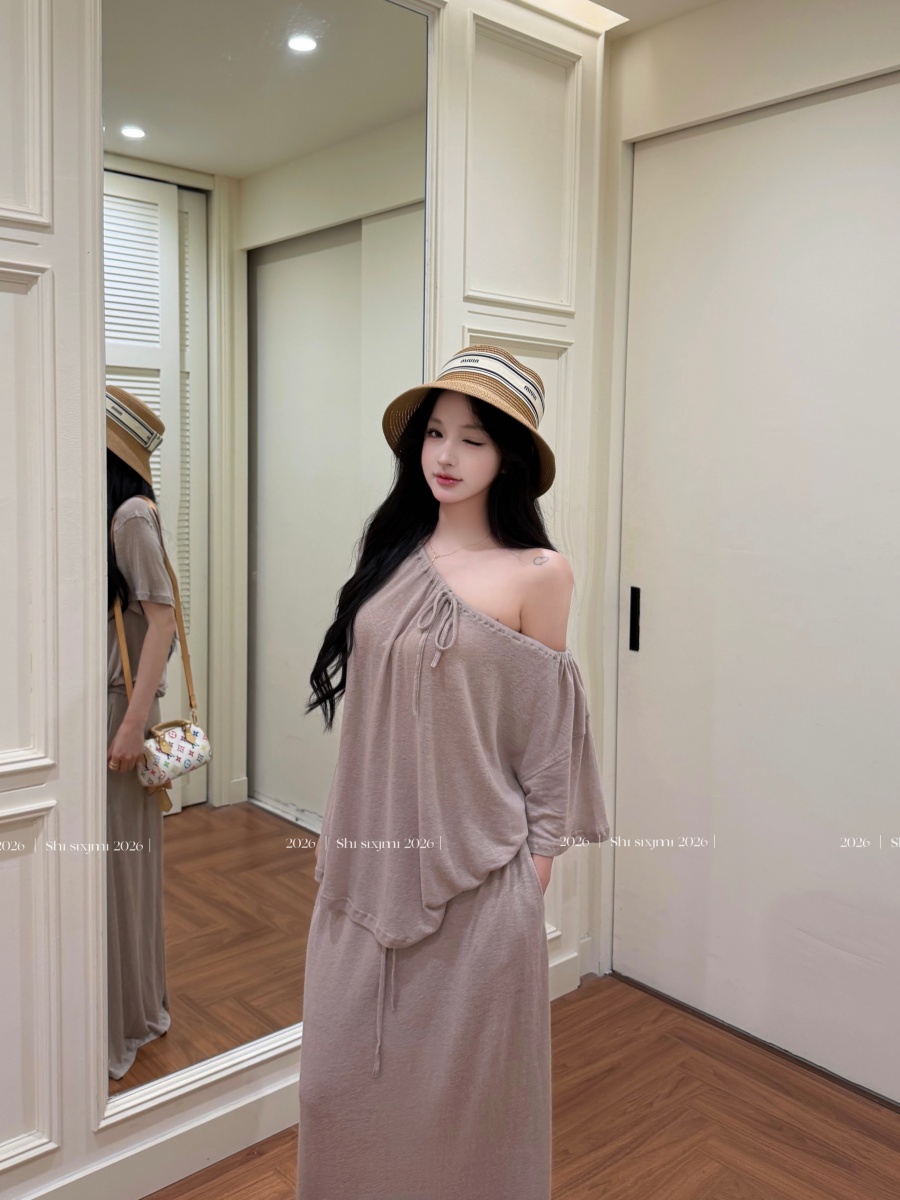 정가 실사 아마 느긋한 루즈핏 대 에디션 펌프 로프 칼라 대 치마 반 스커트 슬림해 보이는 세트