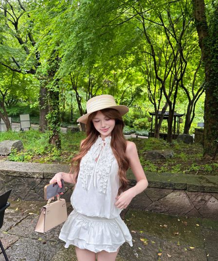 정가 실사 주름 프릴 행침 목 민소매 조끼 원피스 짧은 치마 레깅스