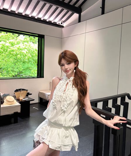 정가 실사 주름 프릴 행침 목 민소매 조끼 원피스 짧은 치마 레깅스