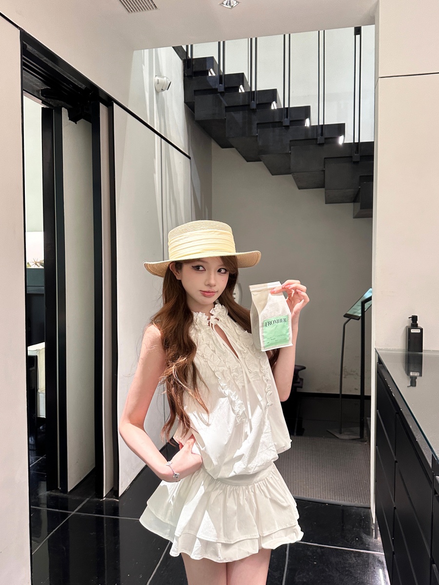 정가 실사 주름 프릴 행침 목 민소매 조끼 원피스 짧은 치마 레깅스