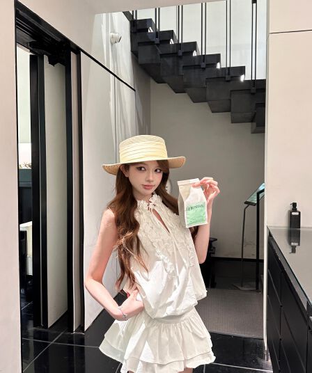 정가 실사 주름 프릴 행침 목 민소매 조끼 원피스 짧은 치마 레깅스
