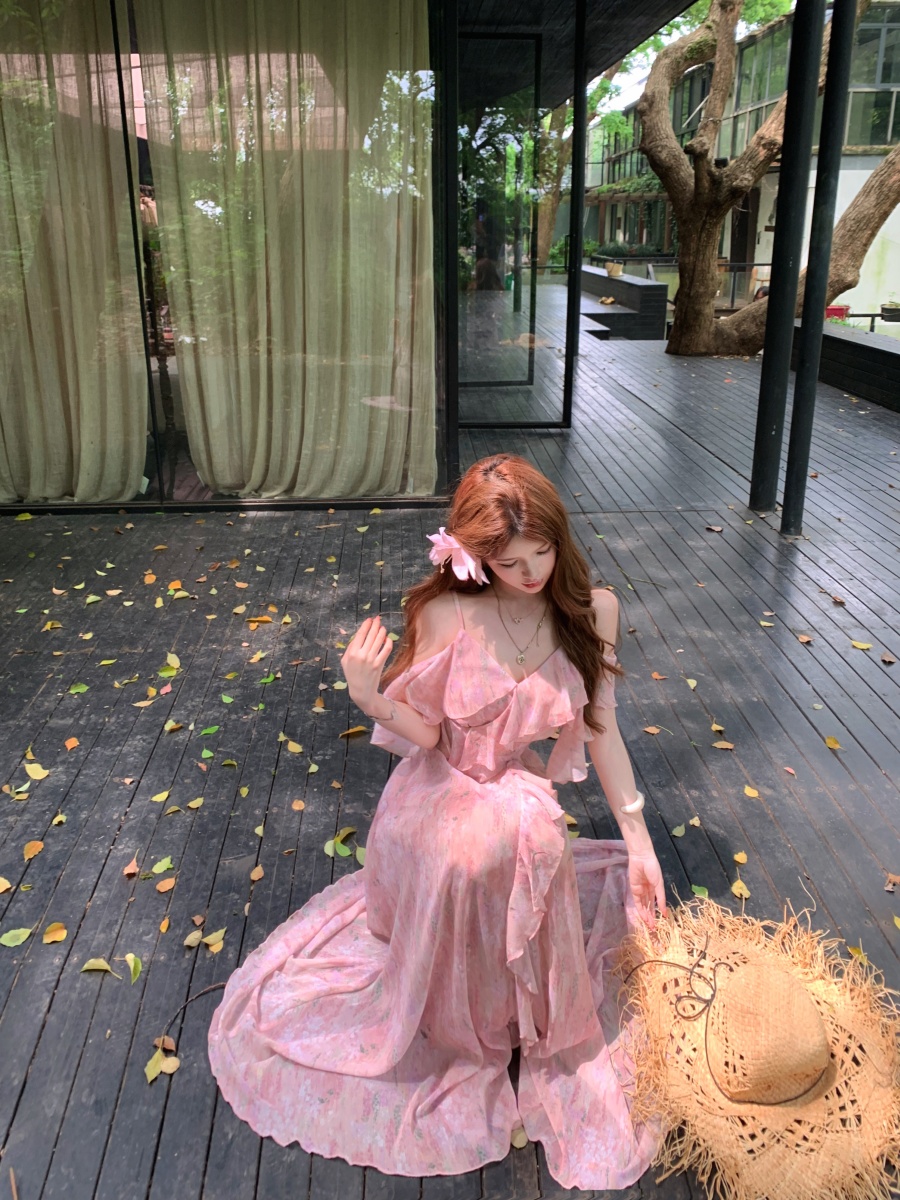 정가 실사 차 휴식 프랑스식 쉬폰 드레스 블라인드 부드러운 휴가 바람 허리 수축 핑크색 꽃무늬 롱 스커트