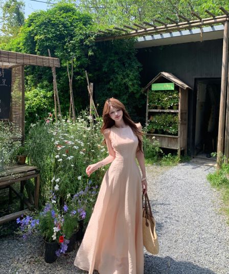 정가 실사 주간 실크 질감 센스 프랑스식 드레스 큰 진자 롱 스커트 삼색