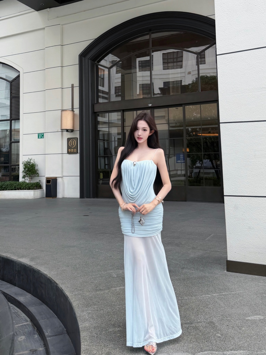 정가 실사 도루 가을 센스 흔들다 칼라 허리 수축 좋은 어깨끈 망사 슬립 롱 스커트 여성 드레스