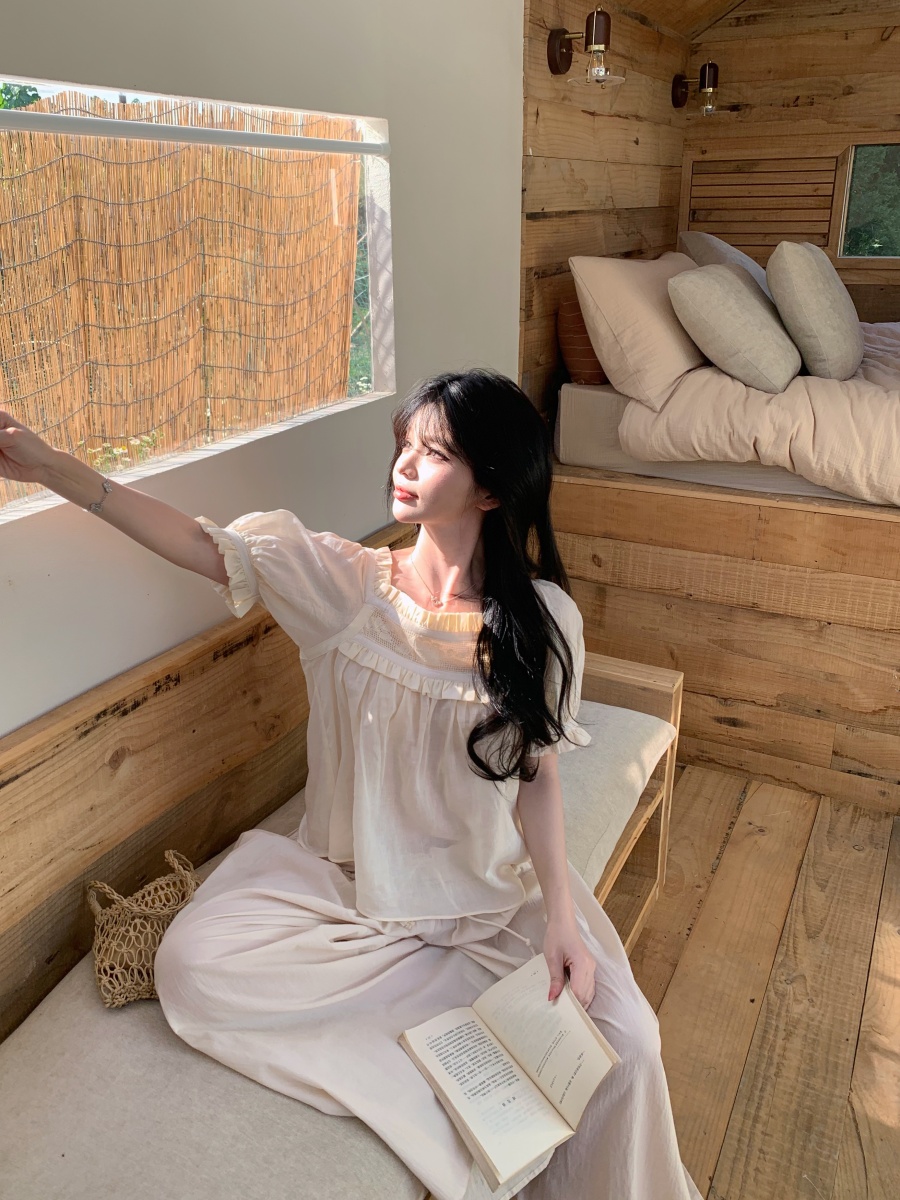 정가 실사 프랑스식 광장 칼라 레이스 거품 소매 인형 셔츠 반팔 셔츠 느슨함 캐주얼 와이드 레그 팬츠