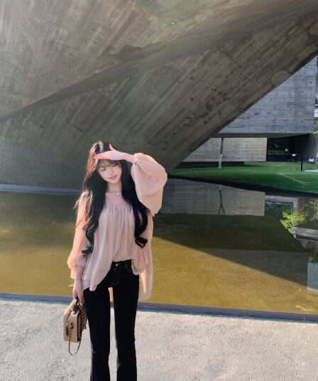 정가 실사 프랑스식 벌룬 소매 쉬폰 블라우스 여름 핀치 Pleat 패키지 어깨 셔츠