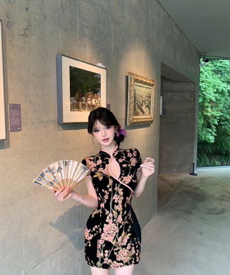 정가 실사 새로운 중식 부드러운 숙녀 바람 품격 우아함 치파오 여름 허리 수축 슬림해 보이는 검정색 드레스