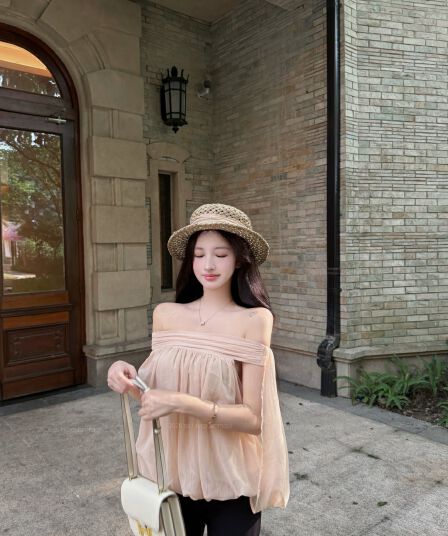 정가 실사 품격 부드러운 살구 색상 오프숄더 디자인 센스 矜贵 센스 맨위 로우 웨이스트 블랙 바지