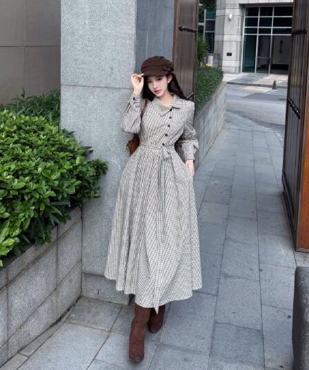 정가 실사 레트로 체크무늬 긴팔 드레스 폴로 칼라 허리 수축 롱 스커트 이른 가을