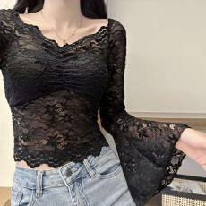 批发带胸垫<b class='q'>喇叭袖</b>蕾丝衫法式修身显瘦百搭露脐短款外穿上衣