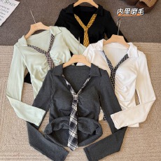 批发实拍不减～磨毛内搭打底衫t恤女翻领长袖修身韩系绝美长袖上衣