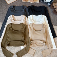 批发实拍 特价不减 秋冬加绒低圆领螺纹长袖t恤女洋气显瘦打底衫上衣