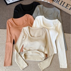 批发实拍不减~方领磨毛保暖长袖T恤女秋冬修身内搭带胸垫打底衣