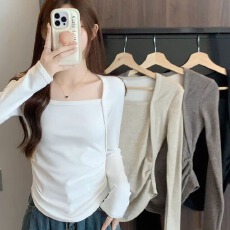 特价不减 溜溜绒方领露锁骨褶皱长袖假两件修身T恤秋冬磨毛上衣