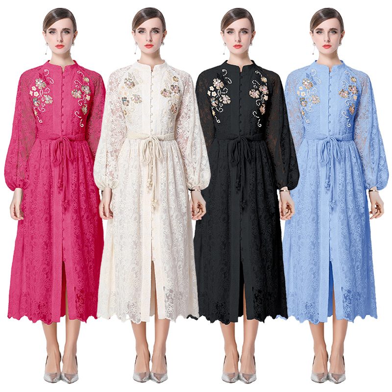 MY14635# 宫廷刺绣水溶蕾丝复古长款连衣裙重工百搭连衣裙女裝貨源服裝...