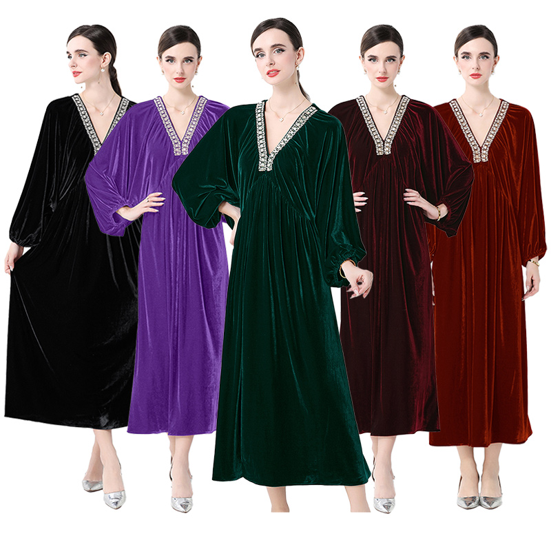 MY14634# 丝绒重工手工钉珠镶钻V领气质连衣裙女裝貨源服裝批發