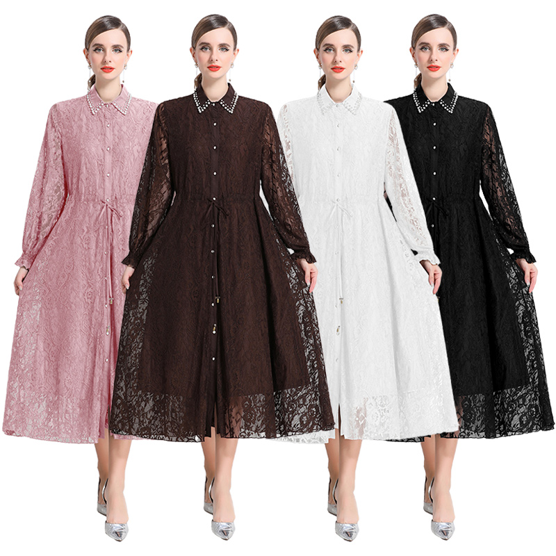 MY14633# 新款蕾丝连衣裙珍珠百搭气质宽松打底裙女裝貨源服裝批發