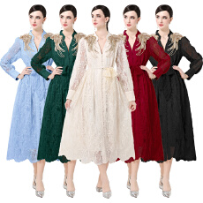 批发宫廷刺绣水溶蕾丝复古长款连衣裙重工百搭连衣裙