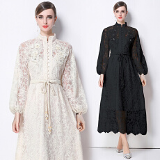 批发宫廷刺绣水溶蕾丝复古长款连衣裙重工百搭连衣裙