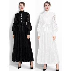 批发黑蕾丝<b class='q'>灯笼</b>袖拼接长<b class='q'>裙</b><b class='q'>纯色</b>宫廷风复古系带连衣<b class='q'>裙</b>长袖中腰