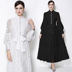 批发黑蕾丝灯笼袖拼接<b class='q'>长裙</b>宫廷<b class='q'>复古</b>系带连衣裙