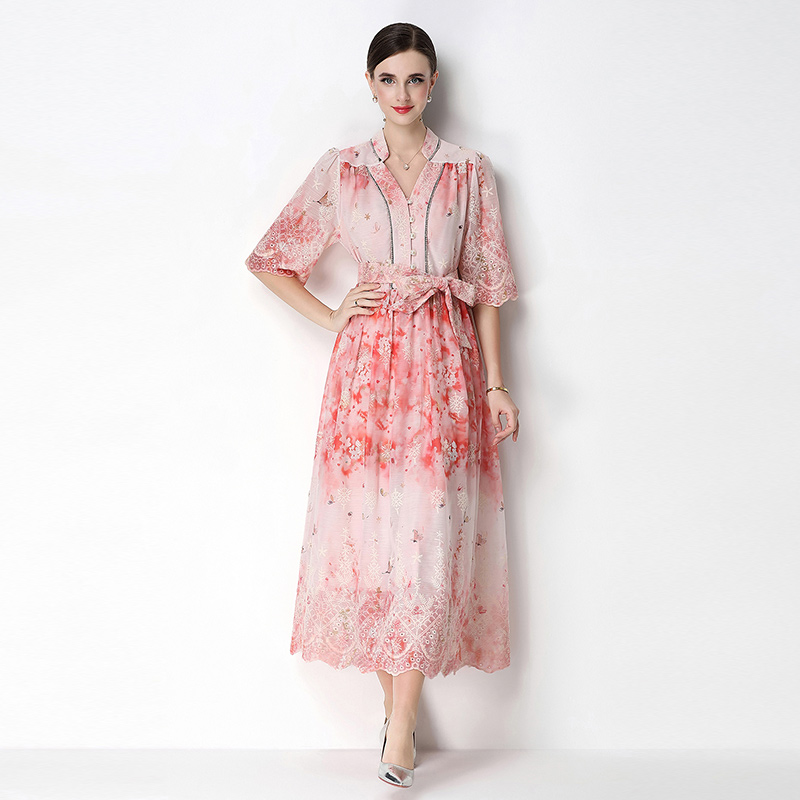 RY4045# 2026重工镂空定位印花镶砖连衣裙