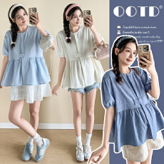 孕妇2026夏季纯棉提花宽松遮肚短袖孕妇衬衣百搭时尚款