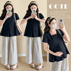 批发实拍 孕妇夏装气质方领<b class='q'>衬衫</b>显瘦娃娃衫上衣+<b class='q'>波点</b>阔腿裤