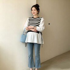 批发实拍孕妇秋装新款上衣条纹拼接长袖宽松孕妇上衣秋季纯棉孕妇装