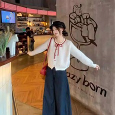 批发甜美少女感提花针织开衫女秋季穿搭蝴蝶结高级感毛衣外套正肩上衣