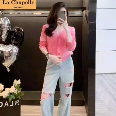 批发粉色针织上衣搭配破洞牛仔裤秋季新款时尚<b class='q'>休闲</b>运动套装女