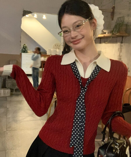 송 긍정적 인 En 커피 색상 POLO 칼라 페이크 레이어드 니트 스웨터 여성 스웨터 가을 인사이드 가져 가라. 몸매 가꾸기 쇼트 스타일 긴팔 작은 맨위