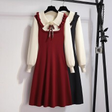 批发红色针织<b class='q'>连衣裙</b>女冬新款少女学院风娃娃领新年战袍内搭毛衣裙