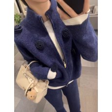 批发一整套ootd穿搭套装女2026新款蓝色立体花朵针织开衫休闲裤两件套