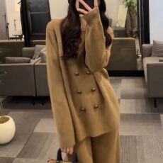 批发韩版小香风双排扣针织套装女<b class='q'>秋</b>季2026新款毛衣阔腿裤两件套垂感