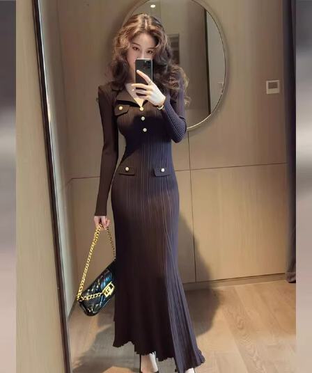 프랑스식 출퇴근 브라운 폴로 칼라 니트 드레스 아이들 2026 새로운 가을 고급 센스 품격 허리 수축 롱 스커트