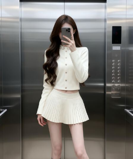 있음 선적 miu 부서 천 금빛 바람 고급 센스 세트 다이아몬드 세팅 니트 오픈 가디건 플리츠 반신 스커트 샤오시엔 투피스 세트